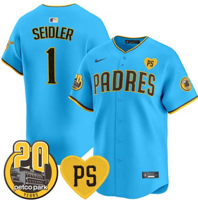Men's San Diego Padres Active Player Custom Blue “For Peter” And Petco Park 20th Patch Limited Baseball Stitched Jersey